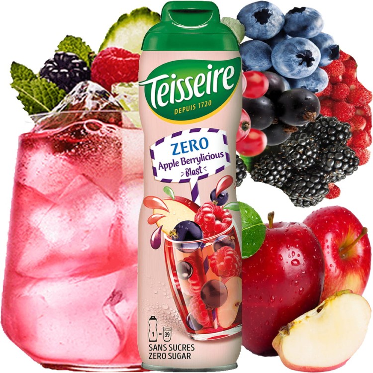 Syrop Koncentrat JABŁKO CZARNA PORZECZKA MALINA Apple Berrylicious Raspberry BEZ CUKRU 600ml TEISSEIRE