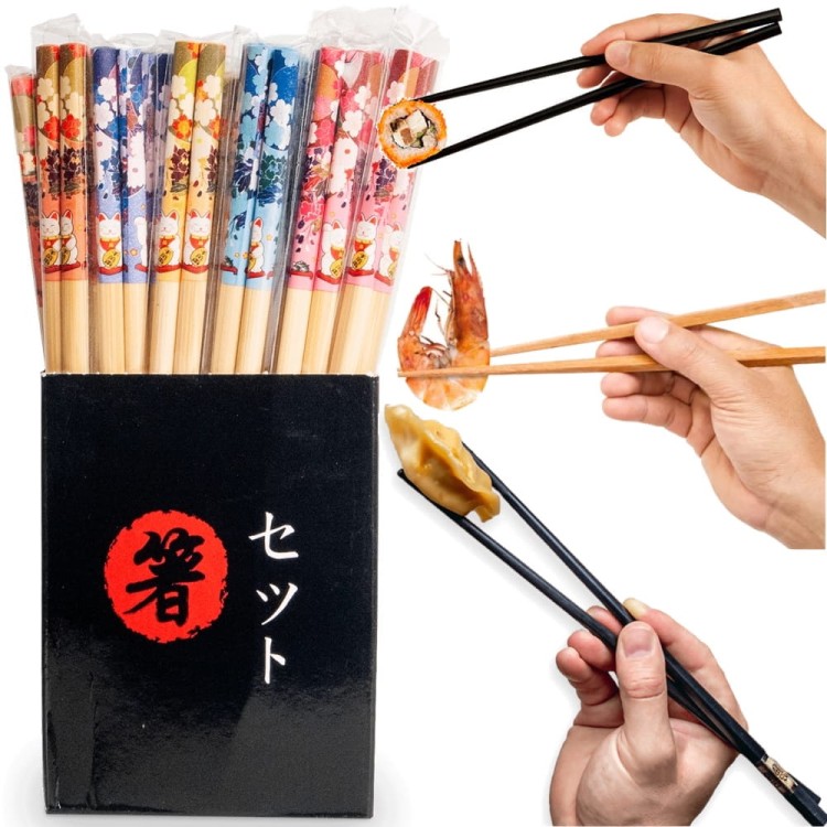 Para Japońskich Pałeczek o Różnych Wzorach Kwiaty i Koty 22,5cm EMRO AZIATICA