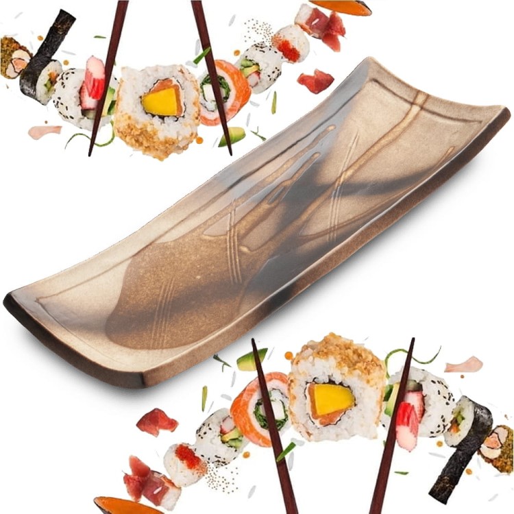 Ceramiczny Talerz Do Serwowania Sushi Brązowo Kremowy  24,5cm x 9cm x 3,5cm EDO JAPAN