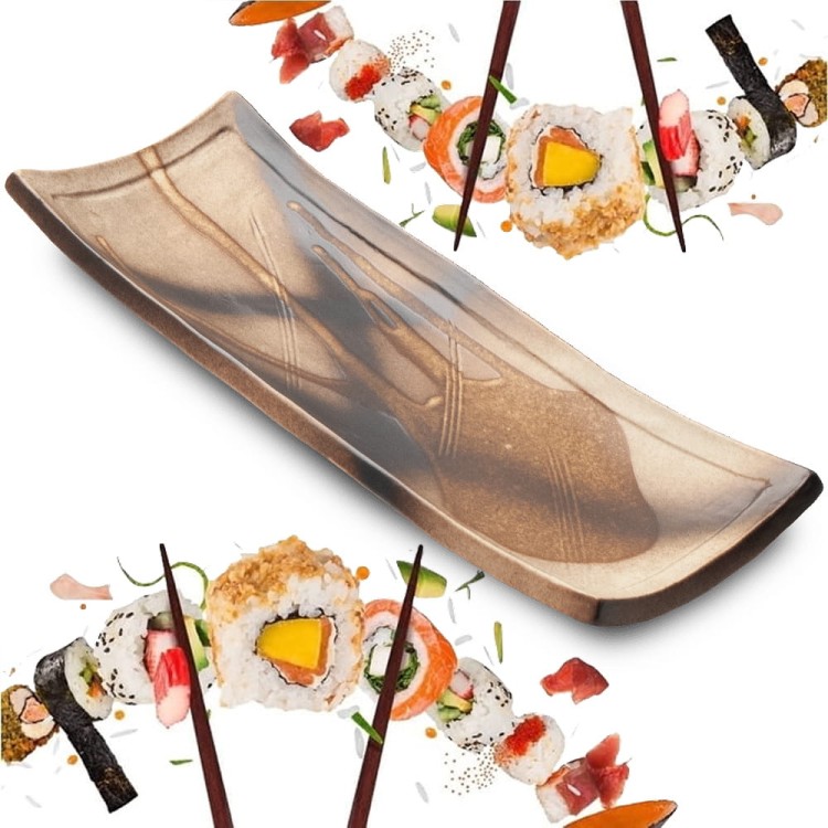 Ceramiczny Talerz Do Serwowania Sushi Brązowo Kremowy  24,5cm x 9cm x 3,5cm EDO JAPAN