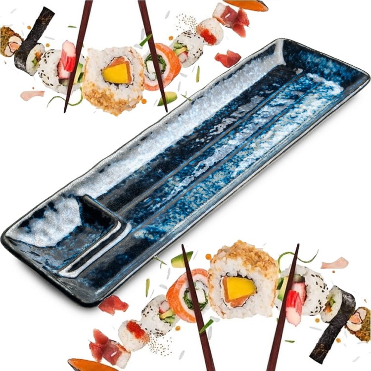 Ceramiczny Talerz Do Serwowania Sushi Niebiesko Szary z Miejscem Na Sos 33,5cm x 10,5cm x 2,5cm EDO JAPAN