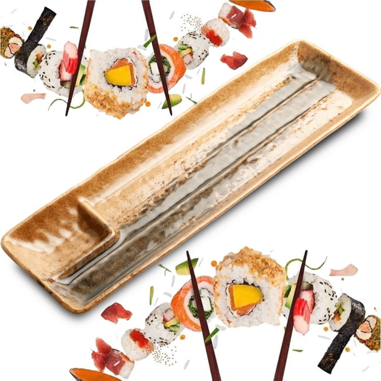 Ceramiczny Talerz Do Serwowania Sushi Brązowo Zielony z Miejscem Na Sos 33,5cm x 10,5cm x 2,5cm EDO JAPAN