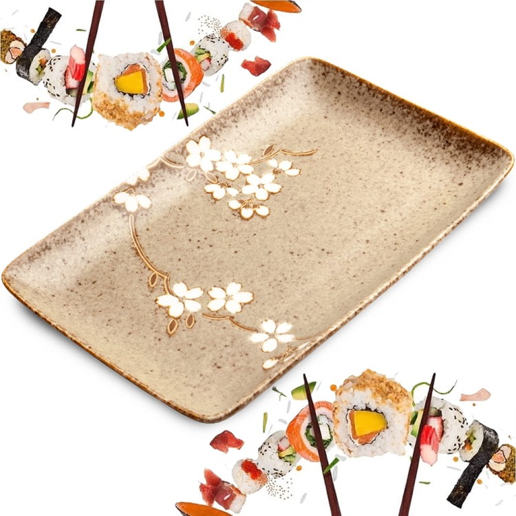 Ceramiczny Talerz Do Serwowania Sushi Brązowo Szary Kwiaty 21cm x 13,5cm x 3cm EDO JAPAN