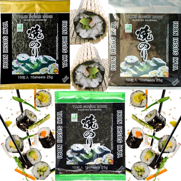 ZESTAW 3 RÓŻNYCH NORI Wodorosty Algi Glony Do Sushi GOLD SILVER i GREEN 30 Sztuk JHFOODS