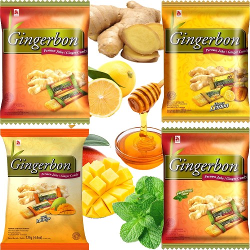 ZESTAW 4 RODZAJE Cukierki Imbirowe Original Cytryna-Mód Mango i Mięta 4x125g GINGERBON