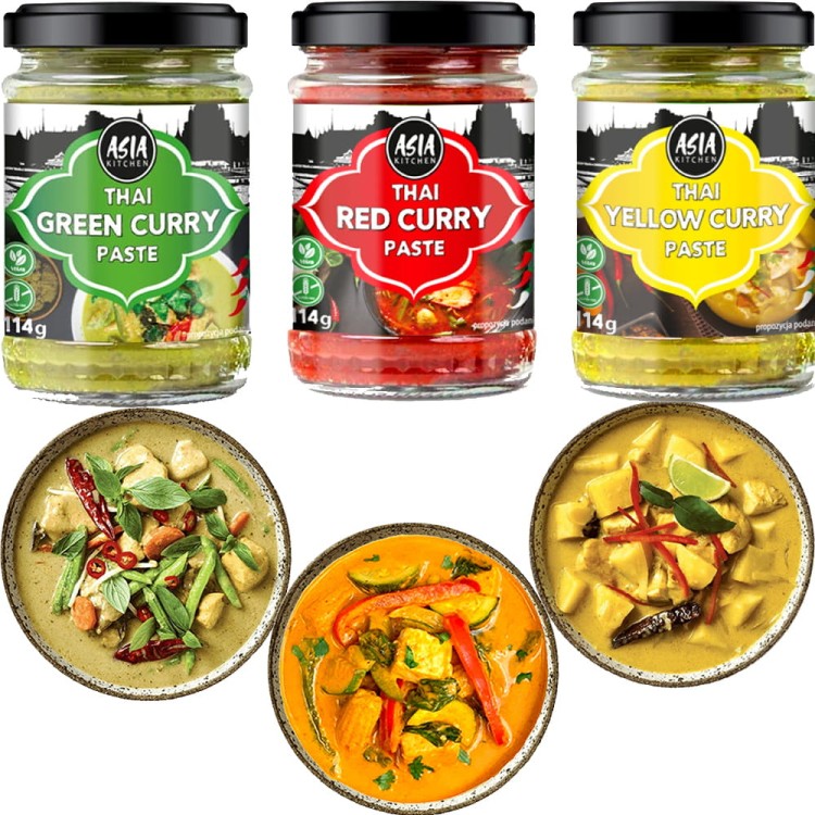 ZESTAW 3 RÓŻNYCH PAST CURRY MIX Zielona Czerwona i Żółta Pasta Curry 3x114g ASIA KITCHEN