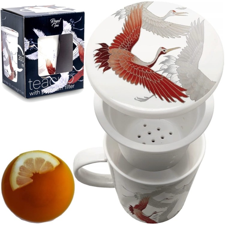 Biały Kubek do Herbaty z Filtrem Ceramicznym Motyw ŻURAW 300ml ROYAL TEA