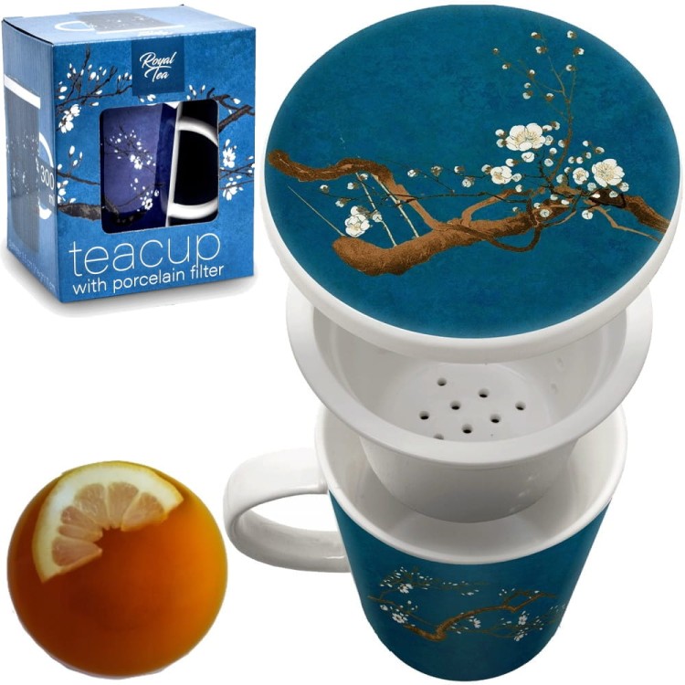Kubek Do Herbaty z Ceramicznym Filtrem Niebieski Kwiat Magnolii ROYAL TEA
