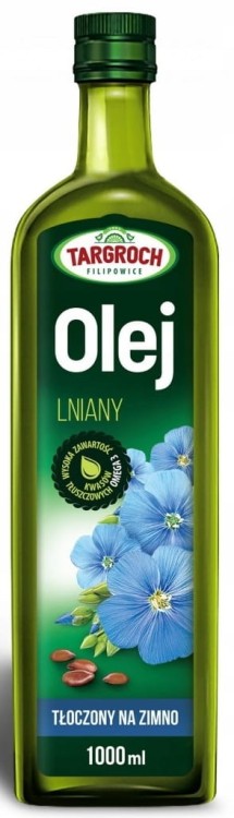 Świeży Olej lniany Nierafinowany Tłoczony Na Zimno Omega-3 1000ml TARGROCH