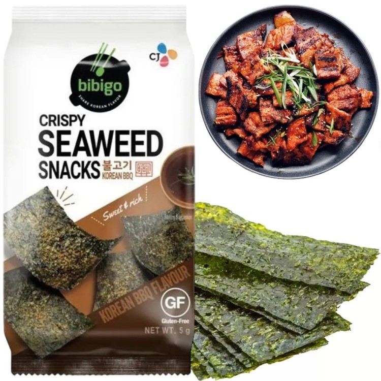 Nori Snacks Koreańska Chrupiąca Przekąska Prażone Algi Barbecue BBQ 5g BIBIGO