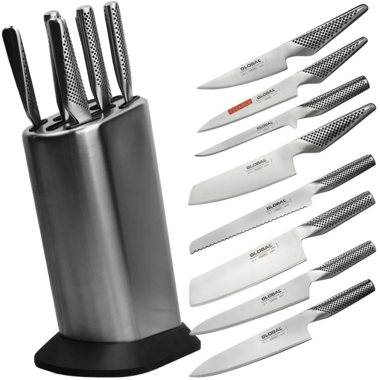 Global Japoński Zestaw Noży w Gładkim Bloku 8 Częściowy