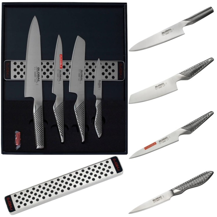 Global Japoński Zestaw 4 Noże i Listwa Magnetyczna G-251138/M30