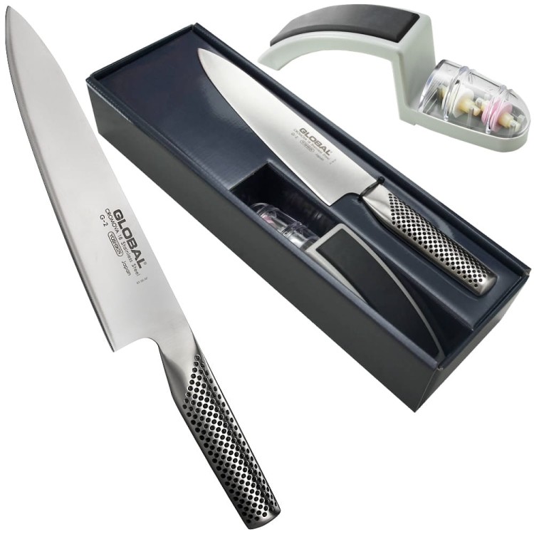 Global Japoński Zestaw Nóż Szefa Kuchni 20cm G-2 i Ostrzałka MinoSharp G-2220GB