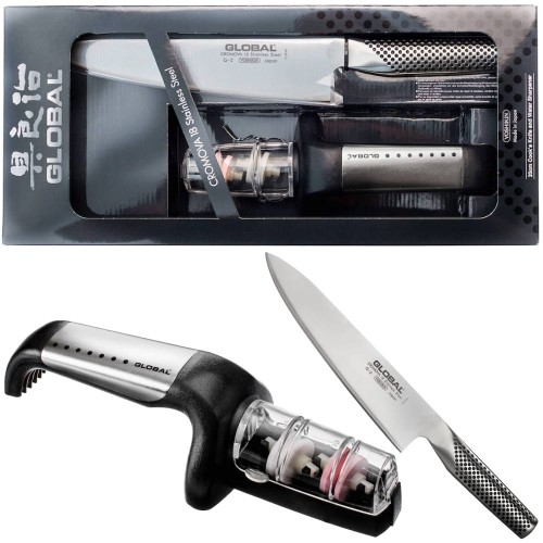 Global Japoński Zestaw Starter Nóż Szefa Kuchni G-2 i Ostrzałka G-91/SB