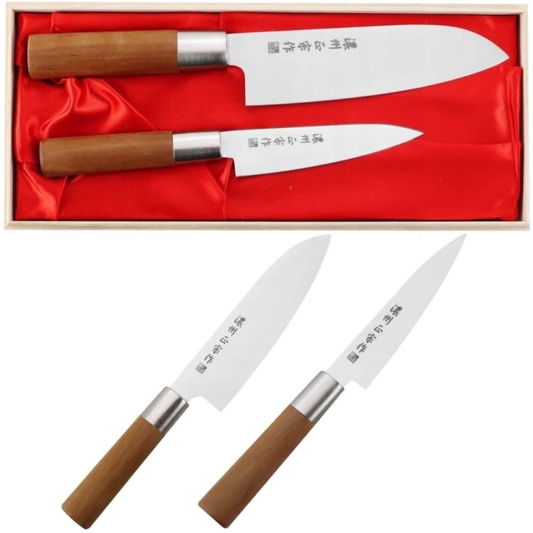 Satake Masamune Japoński Zestaw 2 Noży Nóż Santoku 17cm i Uniwersalny 12cm w Drewnianym Etui