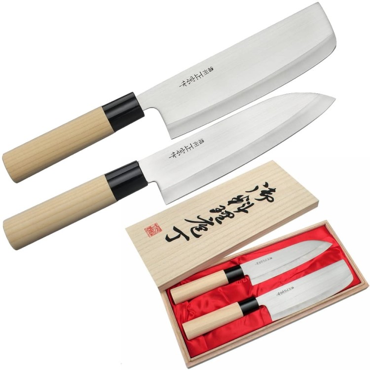 Satake Megumi 420J2 Japoński Zestaw 2 Noży Santoku 17cm i Nakiri 16cm w Drewnianym Etui