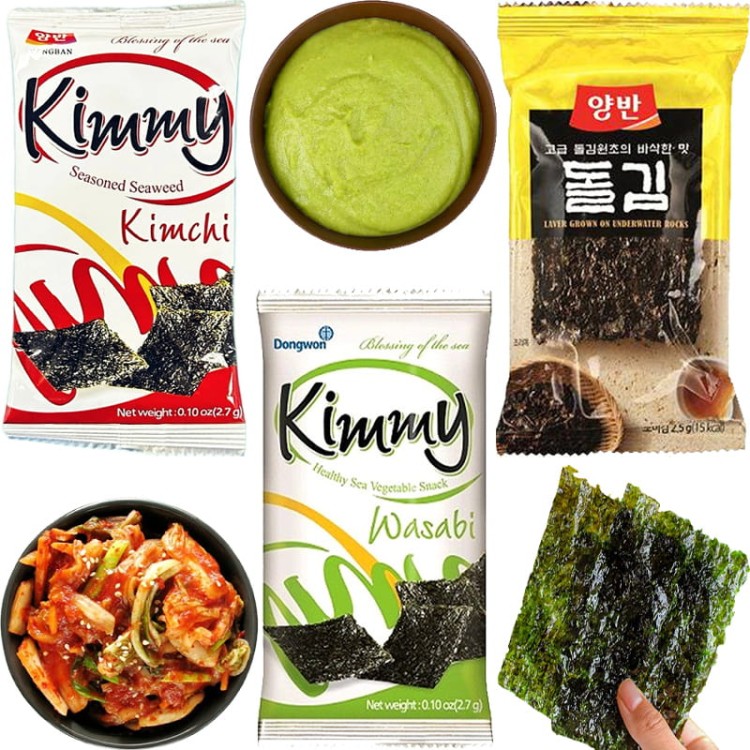 ZESTAW 3 RÓŻNE NORI SNACK Smak Kapusta KimChi Chrzan Wasabi Prażone z Solą 8,9g DONGWON