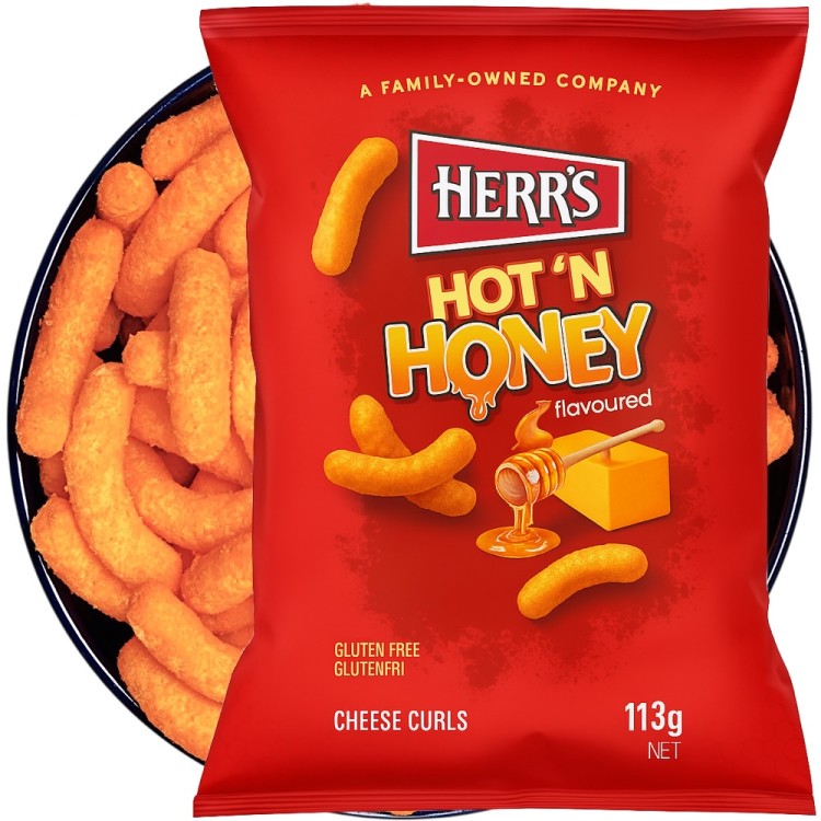 Amerykańskie Chrupki Kukurydziane Ostre Miodowo Serowe Hot'n Honey Cheese Curls Baked 113g HERR'S
