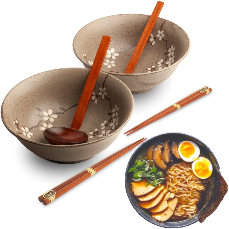 Zestaw Miseczki Chochelki i Pałeczki Do Zupy i Makaronu Ramen Motyw ANEMONE TAUPE EDO JAPAN