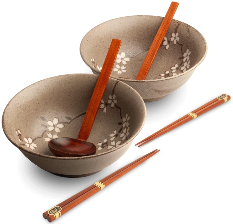 Zestaw Miseczki Chochelki i Pałeczki Do Zupy i Makaronu Ramen Motyw ANEMONE TAUPE EDO JAPAN