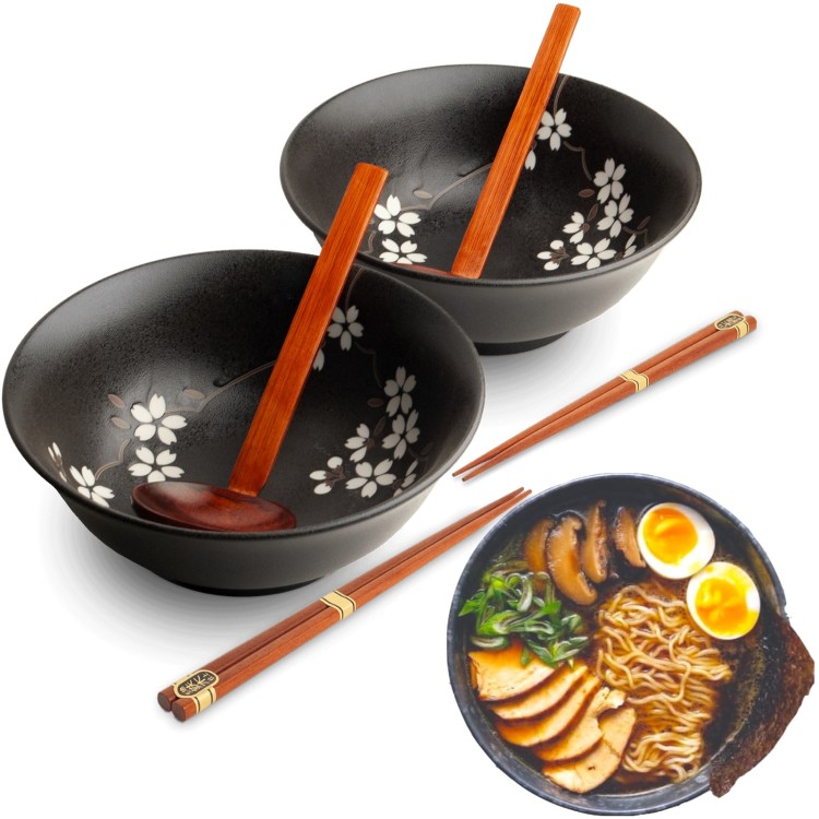 Zestaw Miseczki Chochelki i Pałeczki Do Zupy i Makaronu Ramen Motyw ANEMONE BLACK EDO JAPAN