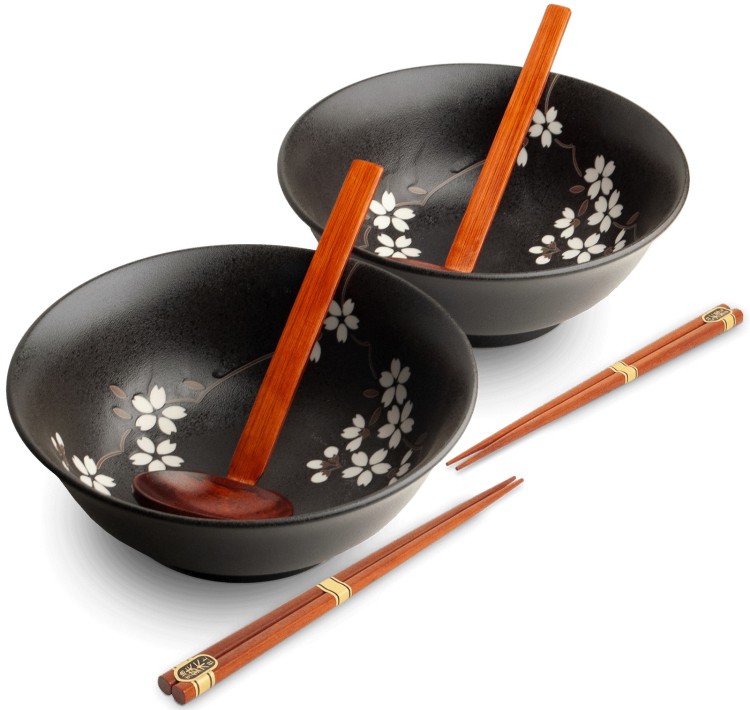 Zestaw Miseczki Chochelki i Pałeczki Do Zupy i Makaronu Ramen Motyw ANEMONE BLACK EDO JAPAN