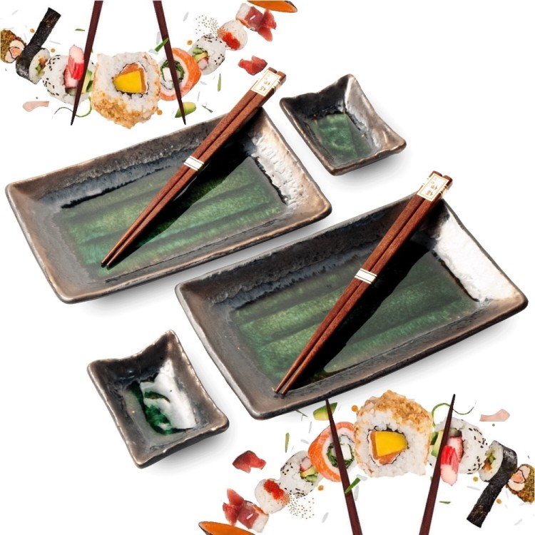 Zestaw Ceramiki Do Sushi Brązowo-Zielony Dla 2 Osób 6 Elementów EDO JAPAN