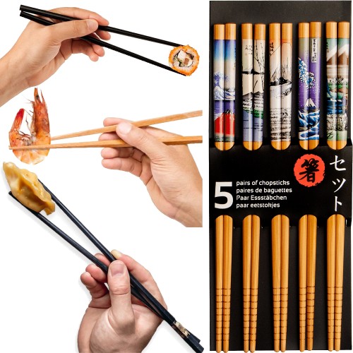 Jasne Drewniane Pałeczki z Kolorowym Motywem Fuji Do Sushi 5 Par 22,5cm EMRO AZIATICA