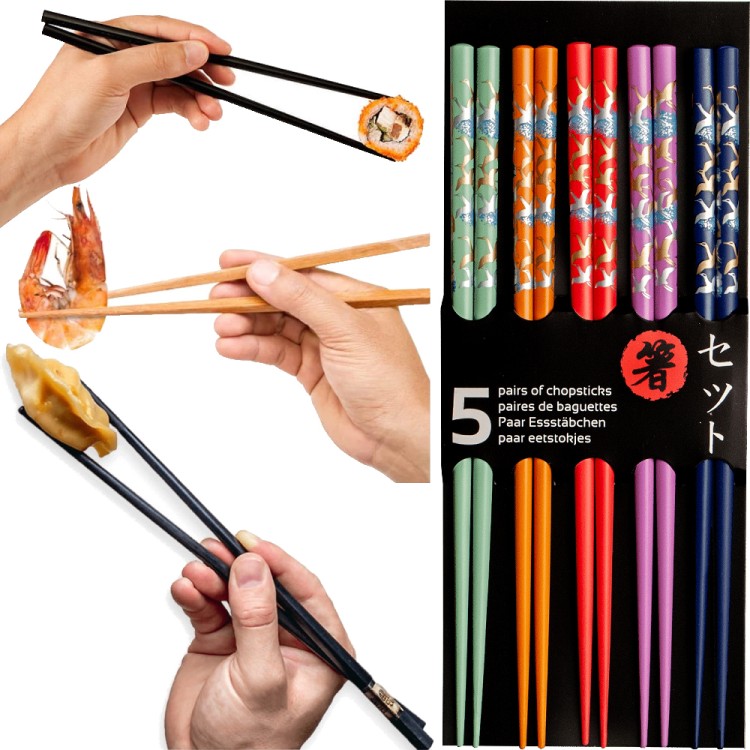 Kolorowe Drewniane Pałeczki z Złoto Srebrnym Motywem Żurawia Do Sushi 5 Par 22,5cm EMRO AZIATICA