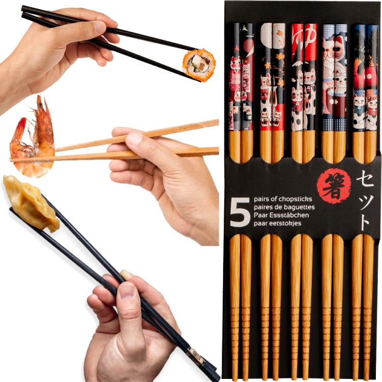 Jasne Drewniane Pałeczki z Kolorowym Motywem Kotka Maneki Neko Do Sushi 5 Par 22,5cm EMRO AZIATICA