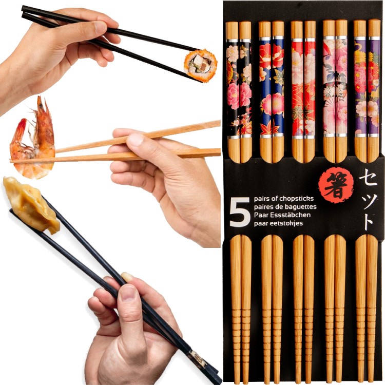 Jasne Drewniane Pałeczki z Kolorowym Motywem Kwiatów Do Sushi 5 Par 22,5cm EMRO AZIATICA