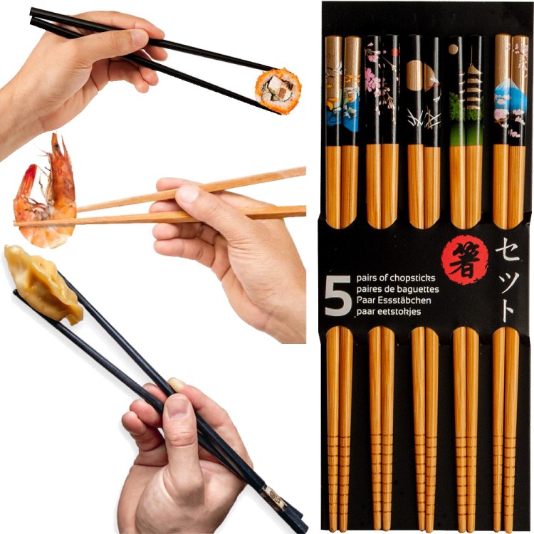 Jasne Drewniane Pałeczki z Czarno Złotym Motywem Japonii Do Sushi 5 Par 22,5cm EMRO AZIATICA