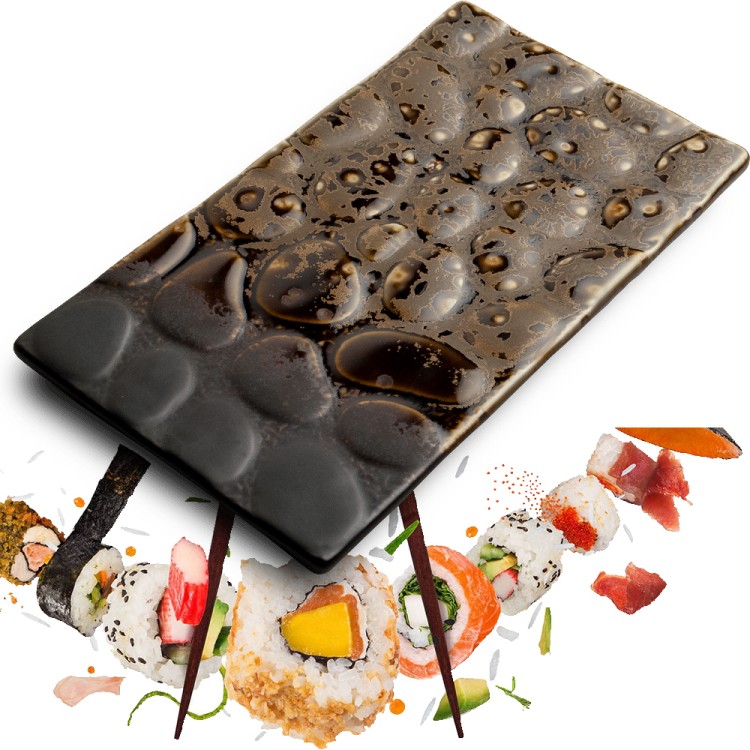 Ceramiczny Ciemny Talerz Do Serwowania Sushi Yaketa Brązowo Czarny Wyjątkowy Kształt 25,5cm x 14,5cm EMRO AZIATICA