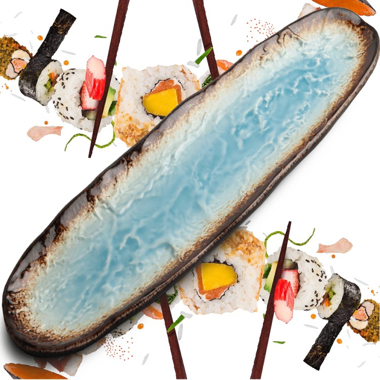 Ceramiczny Talerz Do Serwowania Sushi Yaketa Brązowo Błękitny Zaokrąglony 41cm x 11,5cm EMRO AZIATICA
