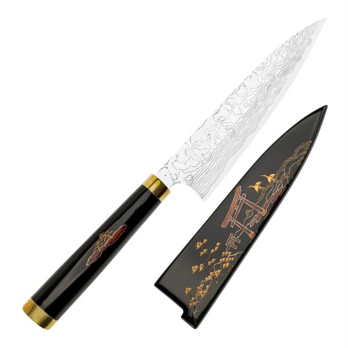 Takeshi Saji Art Tori Fuji On Lake Ręcznie Kuty R-2 Japoński Nóż Kuchenny Uniwersalny 13cm + Saya