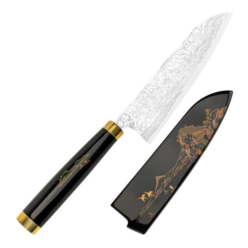 Takeshi Saji Art Fuji On Lake Ręcznie Kuty R-2 Japoński Nóż Kuchenny Santoku 18cm + Saya