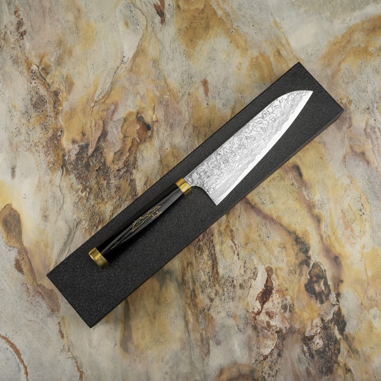 Takeshi Saji Art Fuji On Lake Ręcznie Kuty R-2 Japoński Nóż Kuchenny Santoku 18cm + Saya