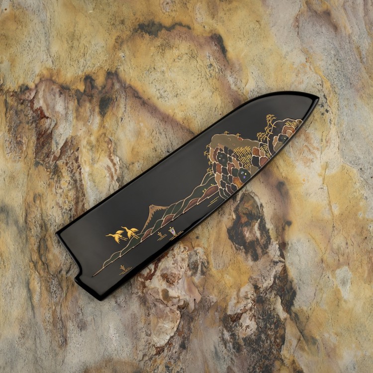 Takeshi Saji Art Fuji On Lake Ręcznie Kuty R-2 Japoński Nóż Kuchenny Santoku 18cm + Saya