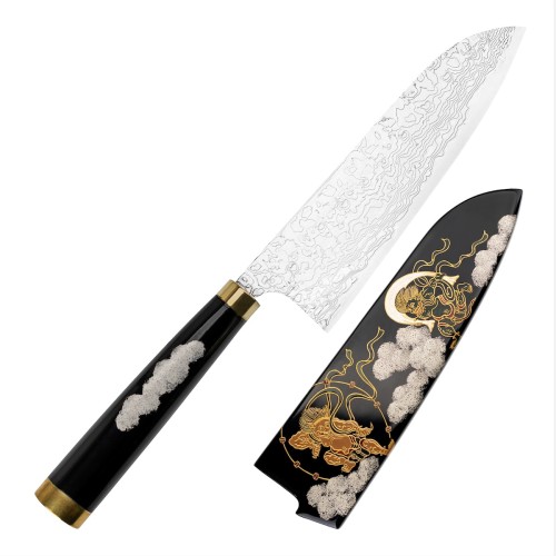Takeshi Saji Art Fujin Raijin Ręcznie Kuty R-2 Japoński Nóż Kuchenny Santoku 18cm + Saya