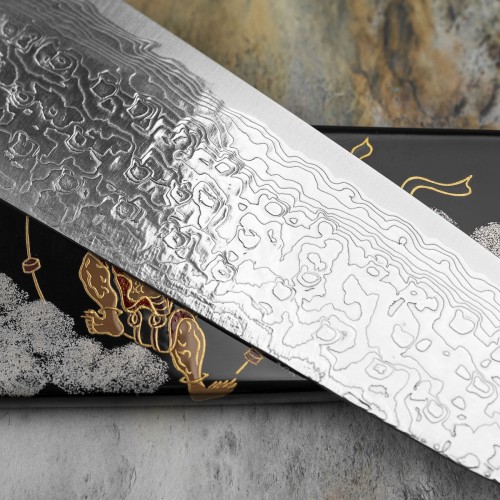 Takeshi Saji Art Fujin Raijin Ręcznie Kuty R-2 Japoński Nóż Kuchenny Santoku 18cm + Saya