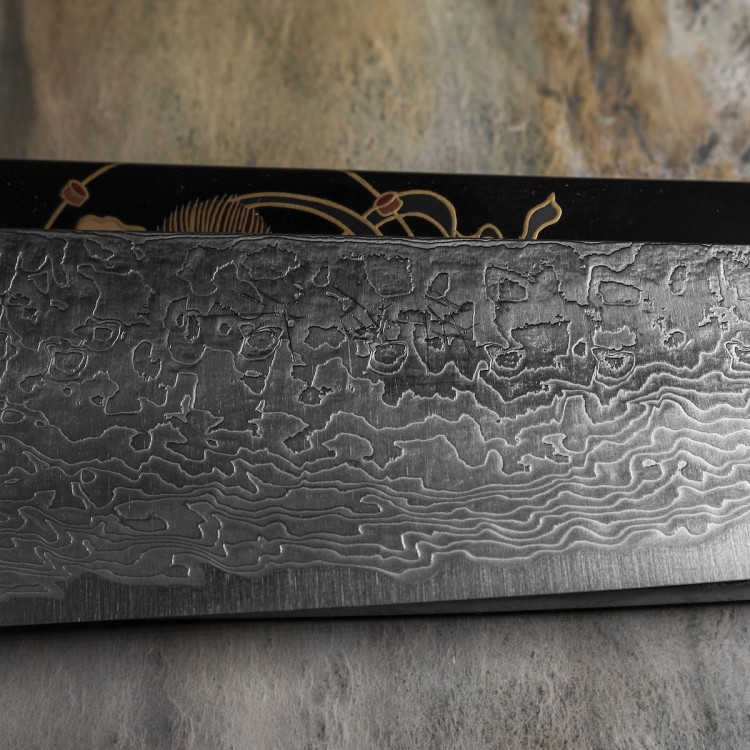 Takeshi Saji Art Fujin Raijin Ręcznie Kuty R-2 Japoński Nóż Kuchenny Santoku 18cm + Saya