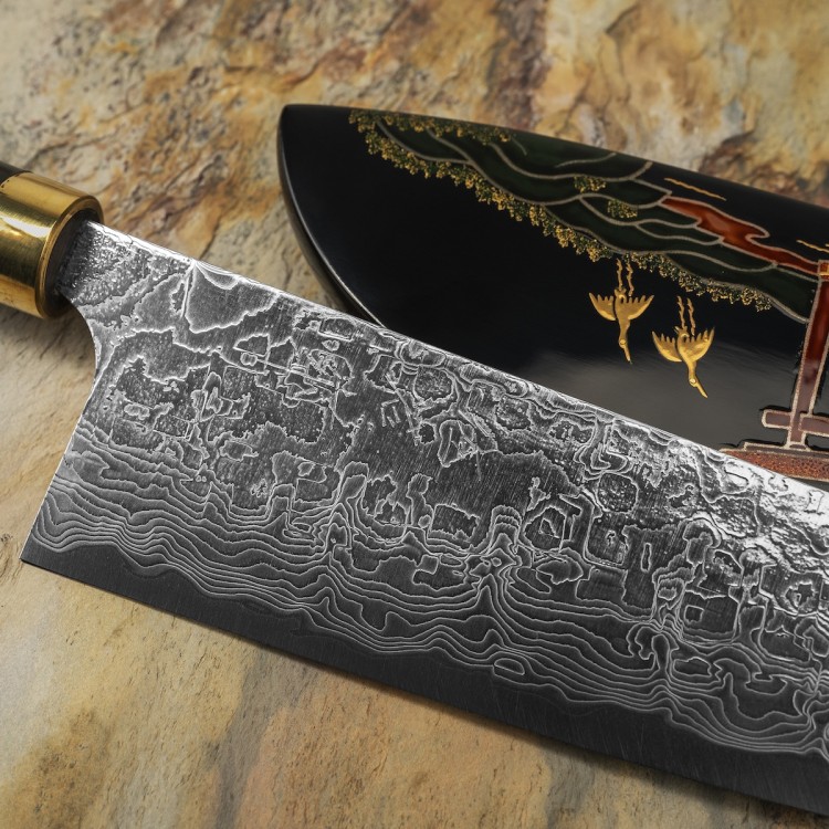 Takeshi Saji Art Tori Fuji On Lake Ręcznie Kuty R-2 Japoński Nóż Kuchenny Santoku 18cm + Saya