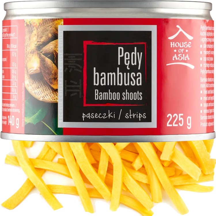 Chińskie Chrupiące Pędy Bambusa Paski Nitki w Puszce Do Woka i Sałatek 225g HOUSE OF ASIA