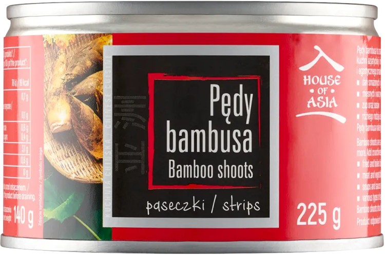 Chińskie Chrupiące Pędy Bambusa Paski Nitki w Puszce Do Woka i Sałatek 225g HOUSE OF ASIA