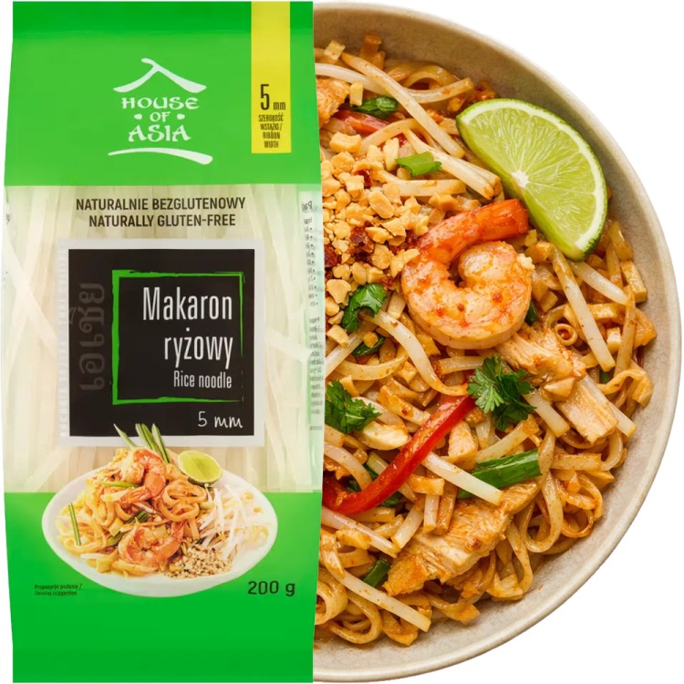 Makaron Ryżowy Wstążki Tasiemki 5mm Naturalnie Bezglutenowy Do Pad Thai 200g HOUSE OF ASIA