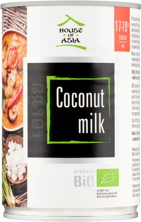 Naturalne BIO Mleko Mleczko Kokosowe 17-19% Tłuszczu 400ml HOUSE OF ASIA