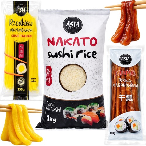 ZESTAW RYŻ DO SUSHI i DODATKI Ryż Nakato 1kg + Rzodkiew Oshinko 350g + Tykwa Kampyo 100g ASIA KITCHEN
