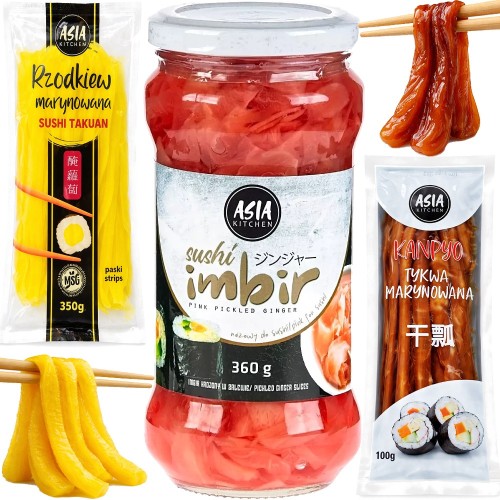 ZESTAW 3 DODATKI DO SUSHI Imbir Różowy 360g + Rzodkiew Oshinko 350g + Tykwa Kampyo 100g ASIA KITCHEN