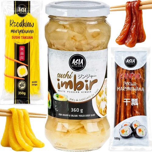ZESTAW 3 DODATKI DO SUSHI Imbir Biały 360g + Rzodkiew Oshinko 350g + Tykwa Kampyo 100g ASIA KITCHEN