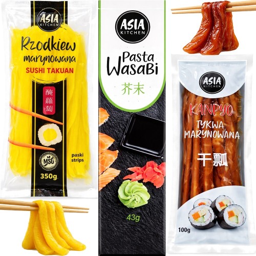 ZESTAW 3 DODATKI DO SUSHI Wasabi w Tubce 43g + Rzodkiew Oshinko 350g + Tykwa Kampyo 100g ASIA KITCHEN